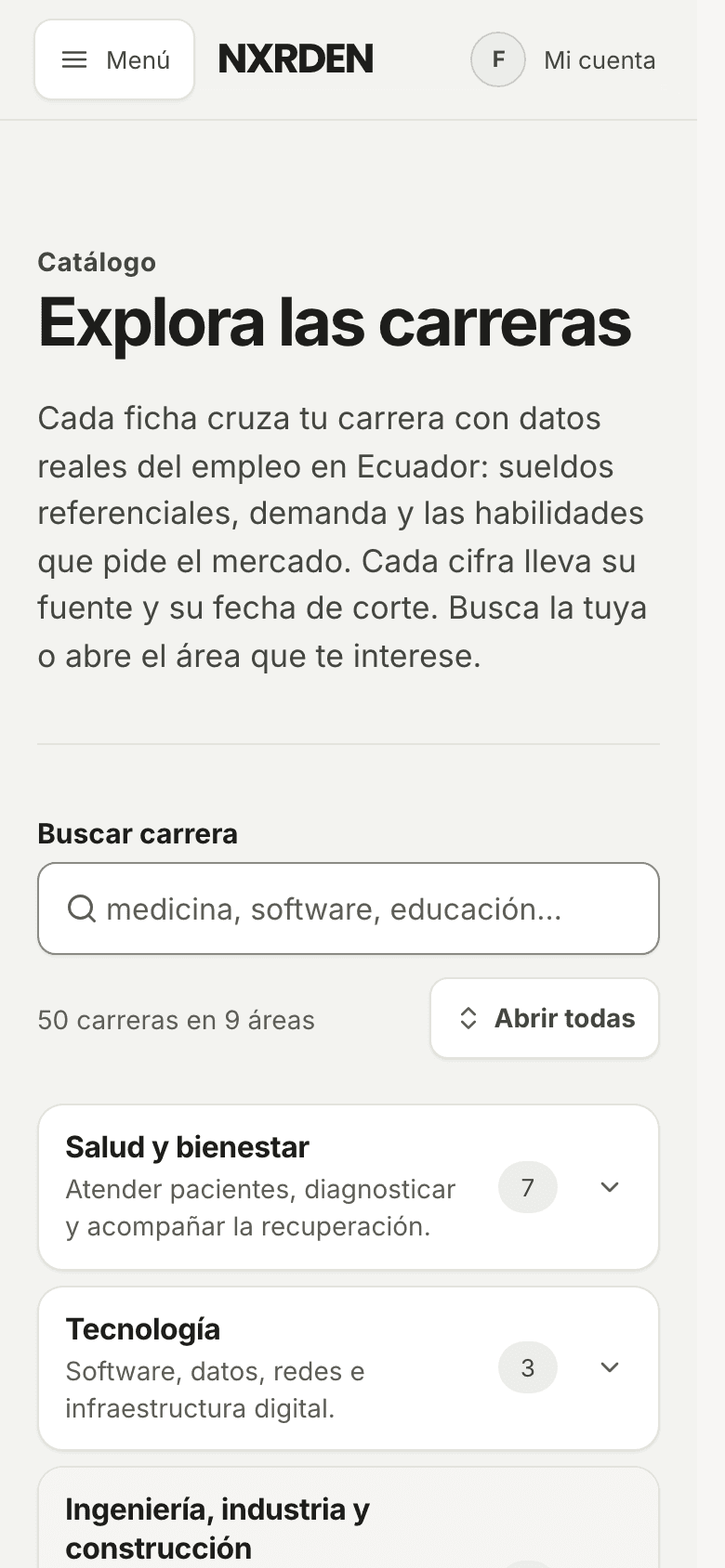 Captura del catálogo de Prepárate en NXRDEN