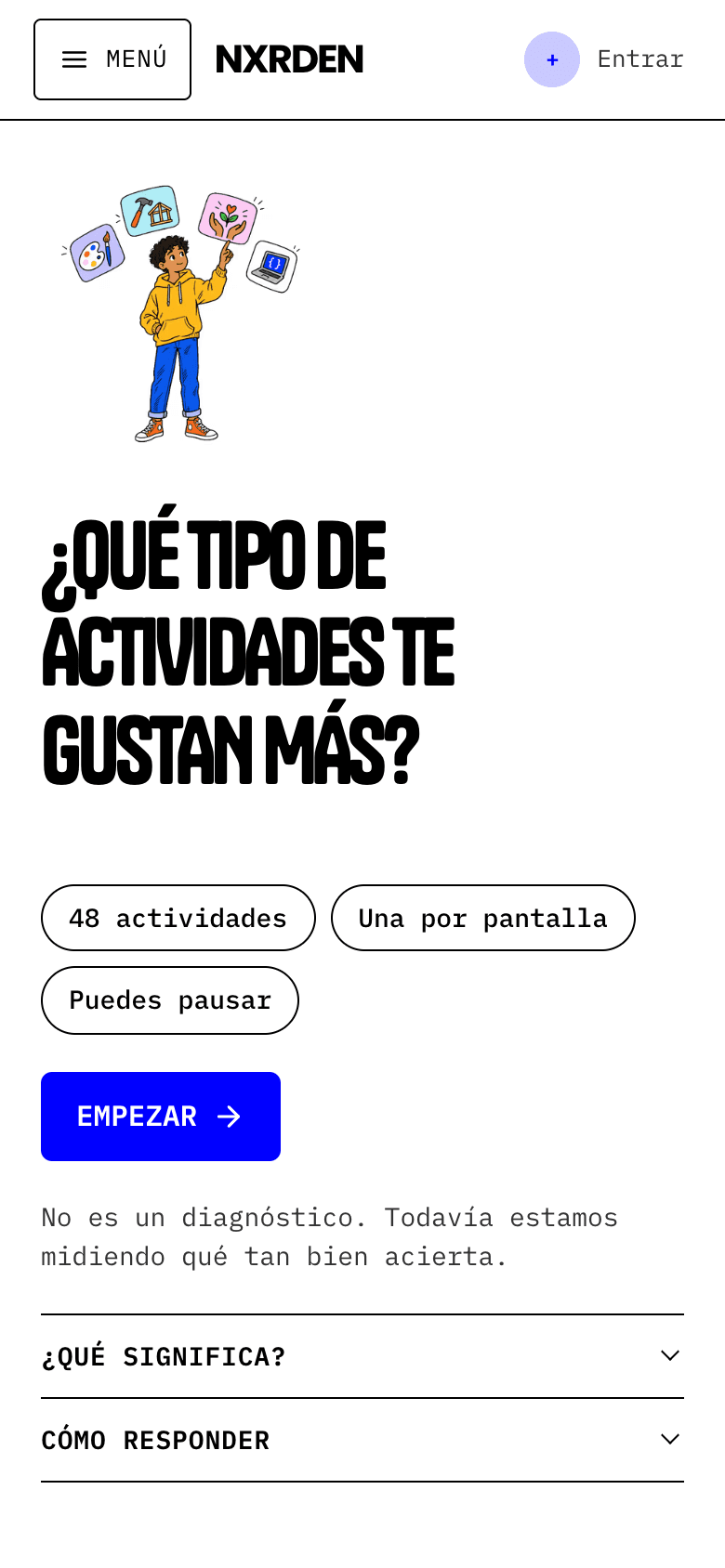 Captura del test de intereses de NXRDEN