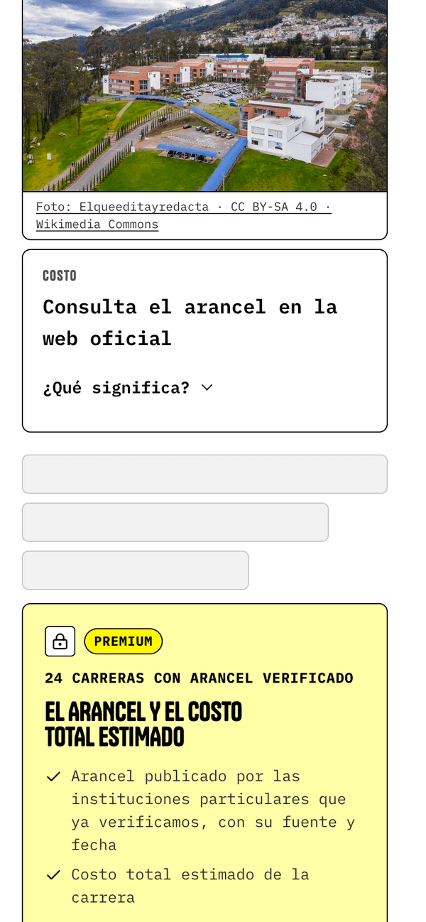 Ejemplo de la ficha de una universidad particular sin Premium: el costo dice que consultes el arancel en su web y un candado con las carreras que tienen arancel verificado.