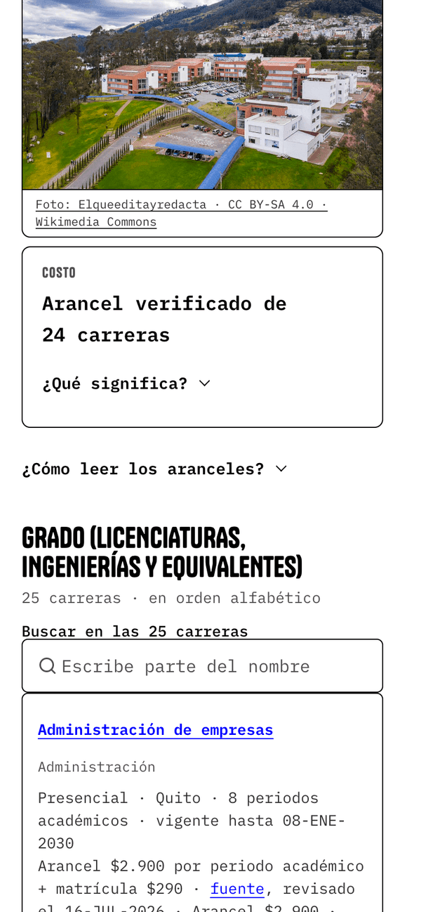 Ejemplo de la misma ficha con Premium: el arancel de cada carrera, con su fuente, la fecha de revisión y el costo total estimado.